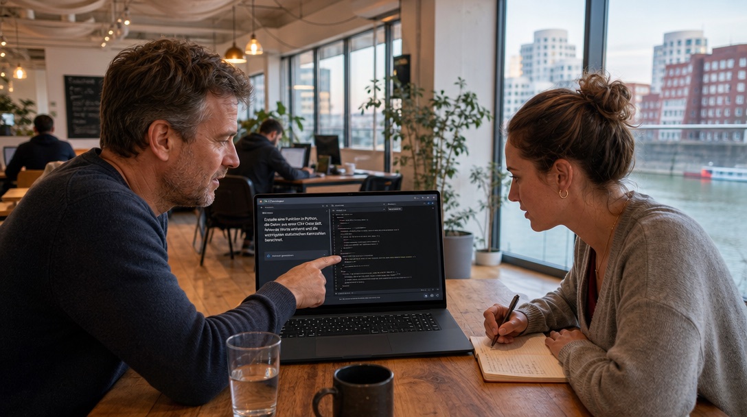 KI-generierte Illustration zweier Berufstätiger, die am Laptop einen Workflow besprechen
